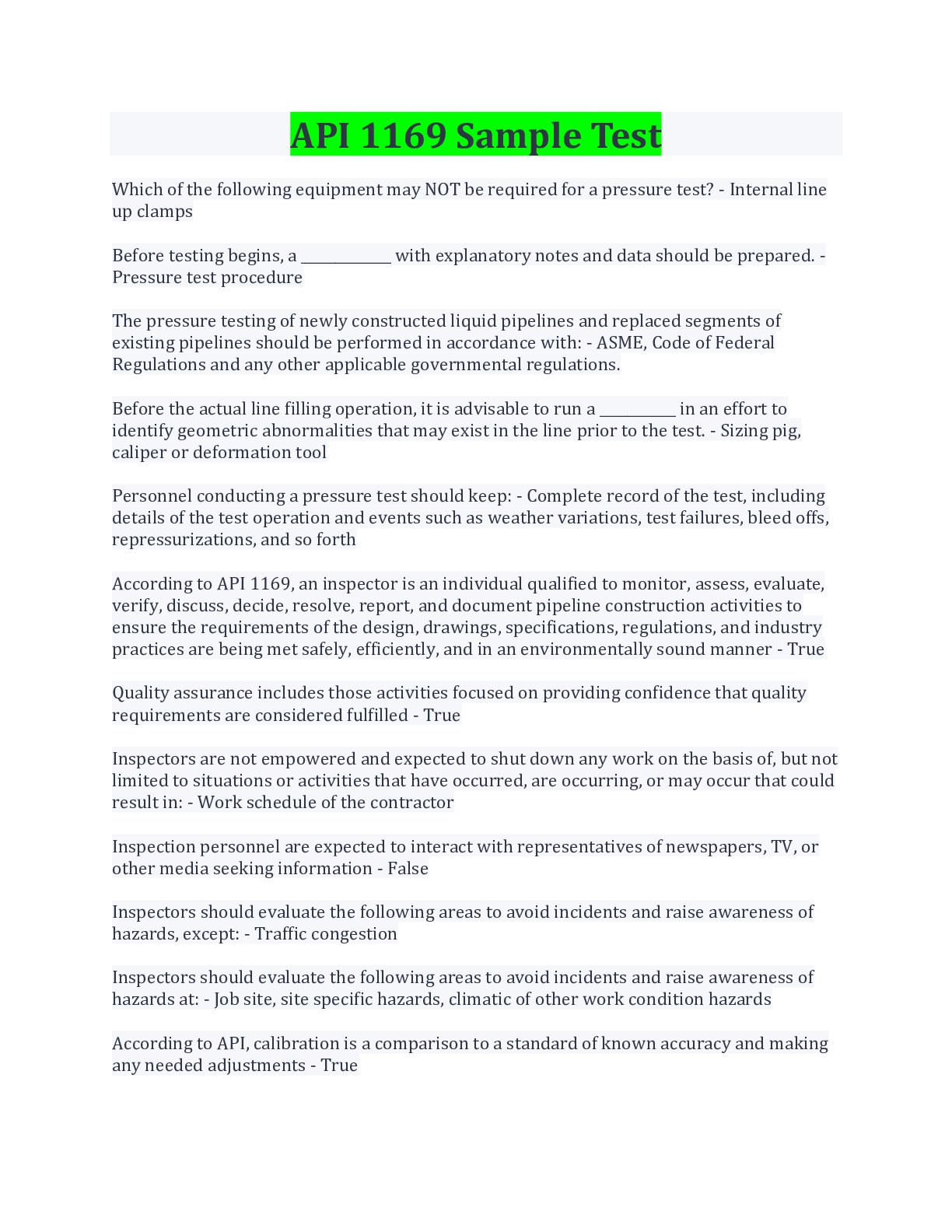 Preview image for API 1169 Sample Test 100% Correct